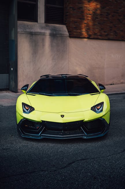 Luxury Cars - A sleek Lamborghini Aventador in lime green park #33840240