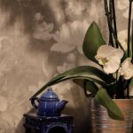 Flowers & Plants - A blue teapot sits beside white orchids on a woo #34743857